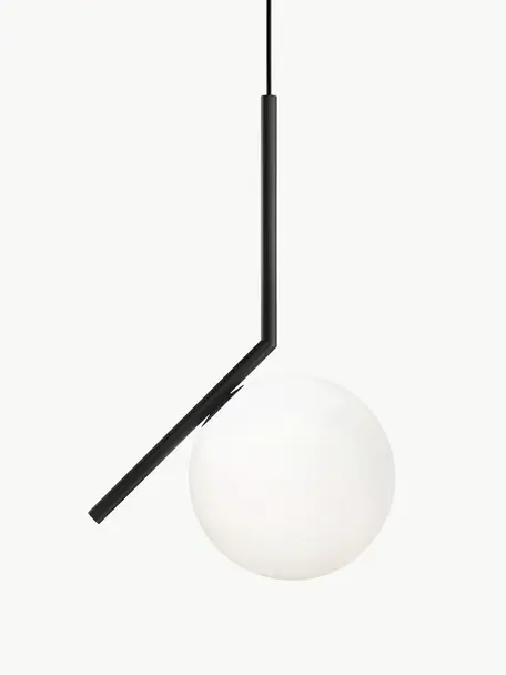 Lámpara de techo pequeña soplada artesanalmente IC Lights, 47 cm, Pantalla: vidrio, Estructura: acero recubierto, Negro mate, blanco, An 24 x Al 47 cm