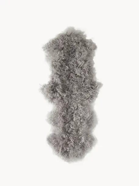Langhaar-Lammfell-Teppich Ella, gelockt, Vorderseite: 100 % mongolisches Lammfe, Rückseite: 100 % Leder, Hellgrau, B 50 x L 160 cm
