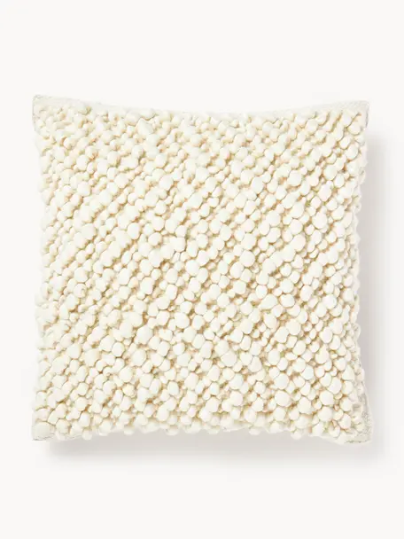 Woll-Kissenhülle Loca, Vorderseite: 100 % Wolle, GRS-zertifiz, Rückseite: 100 % Baumwolle, Off White, Cremeweiß, B 50 x L 50 cm