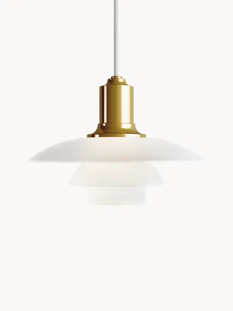 Lámpara de techo pequeña soplada artesanalmente PH 2/1, Pantalla: vidrio opalino soplado ar, Cable: cubierto en tela, Dorado, blanco, Ø 20 x Al 14 cm