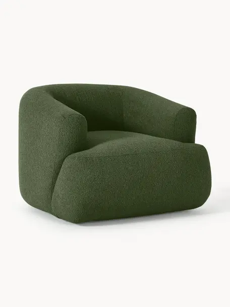 Sillón en tejido bouclé Sofia, Tapizado: tejido bouclé (100% polié, Estructura: madera de abeto, tablero , Patas: plástico Este producto es, Bouclé verde oscuro, An 90 x F 97 cm