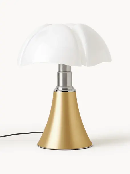 Veľká stmievateľná stolová LED lampa Pipistrello, Odtiene matnej zlatej, Ø 40 x V 50-62 cm