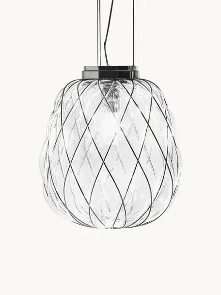 Handgemaakte hanglamp Pinecone, Lampenkap: glas, gegalvaniseerd meta, Decoratie: gegalvaniseerd metaal, Transparant, zilverkleurig, Ø 30 cm