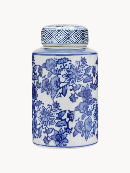 Vaso piccolo decorativo in porcellana con coperchio Annabelle, alt. 14 cm, Porcellana, Blu, bianco, Ø 8 x Alt. 14 cm