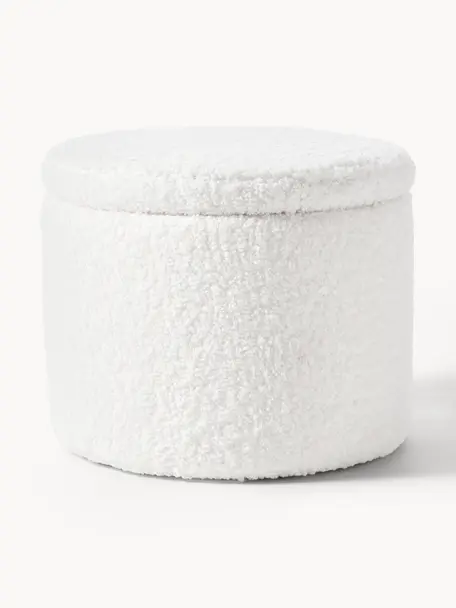 Pouf en tissu bouclé avec rangement Alida, Peluche blanc crème, Ø 50 x haut. 42 cm