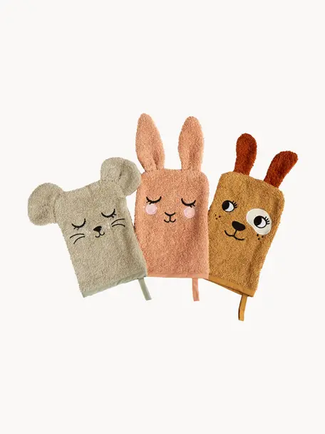 Waschlappen Animals, 3er-Set, 100 % Baumwolle, Hellbraun, Peach, Hellbeige, B 15 x L 21 cm