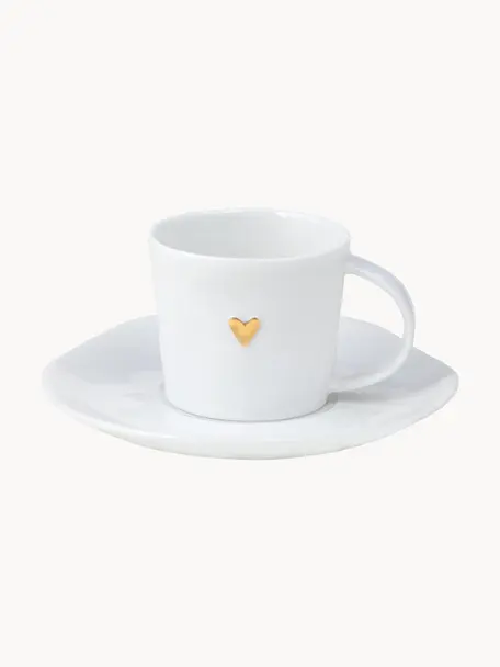 Tasse à expresso en porcelaine avec sous-tasse Heart, Porcelaine, émaillé, Blanc, doré, Ø 6 x haut. 5 cm, 80 ml