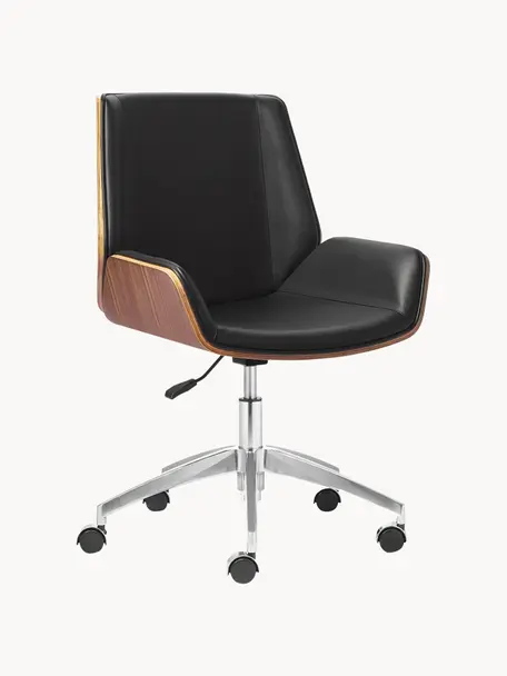 Krzesło biurowe ze sztucznej skóry Rouven, obrotowe, Nogi: metal powlekany, Czarny, drewno naturalne, S 60 x G 52 cm