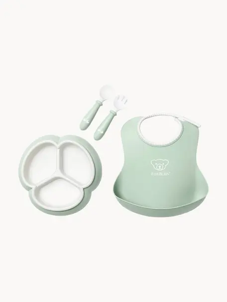 Vaisselle pour enfants avec bavoir Bliss, 4 élém., Plastique, Vert sauge, blanc, Lot de différentes tailles