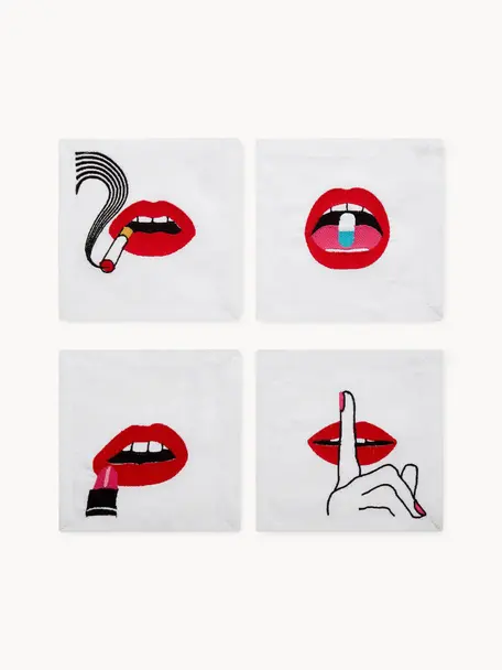 Linnen servetten Lips, set van 4, Linnen, Wit, rood, zwart, B 15 x L 15 cm