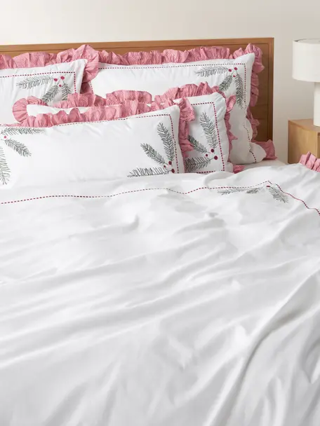 Bestickter Baumwollperkal-Bettdeckenbezug Dina mit Rüschen, Webart: Perkal Perkal ist ein fei, Weiss, Rot, B 200 x L 200 cm