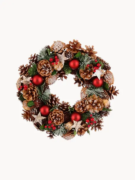 Vánoční věnec Tom, Ø 34 cm, Šišky, vánoční ozdoby, větve jedle z umělé hmoty a bobule z umělé hmoty, Zelená, hnědá, červená, Ø 34 cm, V 9 cm