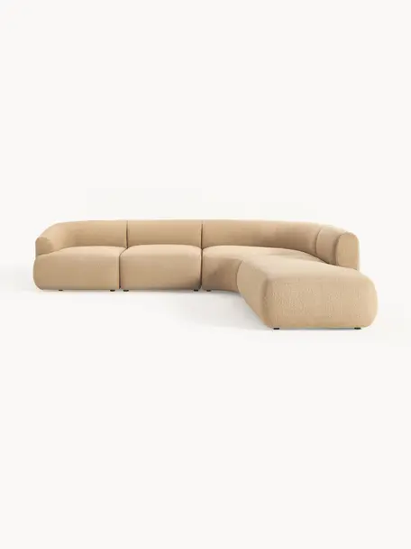 Sofá rinconera modular en tejido bouclé Sofia (4 plazas), Tapizado: tejido bouclé (100% polié, Estructura: madera de pícea, tablero , Patas: plástico Este producto es, Bouclé beige, An 319 x F 298 cm, chaise longue derecha