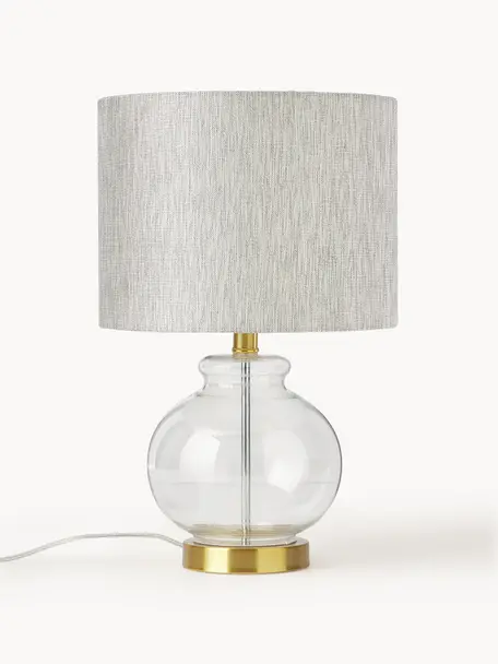 Tischlampe Natty mit Glasfuß, Lampenschirm: Textil, Lampenfuß: Glas, Sockel: Messing, gebürstet, Beige, Transparent, Ø 31 x H 48 cm