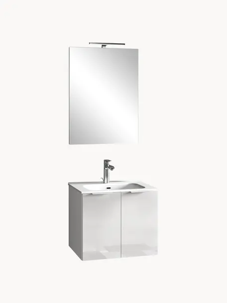 Set lavabo Iris, 4 pzas., Lámpara: aluminio recubierto, Espejo: vidrio, Parte trasera: plástico ABS, Blanco, Set de diferentes tamaños