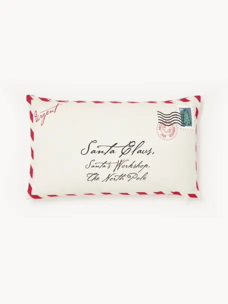 Housse de coussin rectangulaire avec broderie 3D Wishes, 100 % coton, Blanc crème, rouge, larg. 30 x long. 50 cm