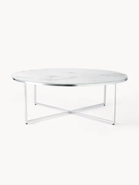 Runder XL-Couchtisch Antigua mit Glasplatte in Marmor-Optik, Tischplatte: Glas, matt bedruckt, Gestell: Metall, verchromt, Marmor-Optik Weiß, Silberfarben glänzend, Ø 100 cm