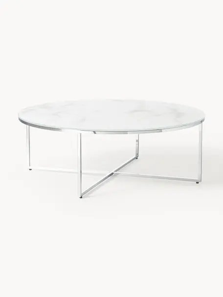 Table basse ronde XL avec plateau en verre aspect marbre Antigua, Blanc aspect marbre, gris chrome, Ø 100 cm