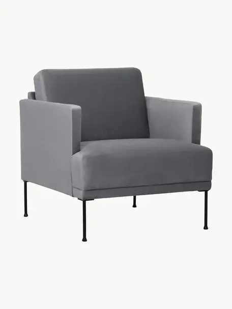 Fotel z aksamitu Fluente, Tapicerka: aksamit (wysokiej jakości, Stelaż: lite drewno sosnowe z cer, Nogi: metal malowany proszkowo, Ciemnoszary aksamit, S 74 x G 85 cm