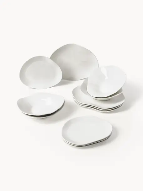 Vajilla de porcelana de forma orgánica Joana, 4 comensales (12 pzas.), Porcelana, Blanco, Set de diferentes tamaños