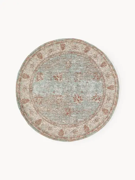 Tapis rond vintage chenille tissé main Rimini, Turquoise, taupe, brun, Ø 120 cm (taille S)