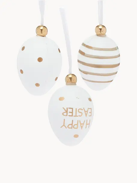 Set de adornos para colgar Happy Easter, 6 uds., Plástico, Blanco, dorado, Ø 3 x Al 4 cm