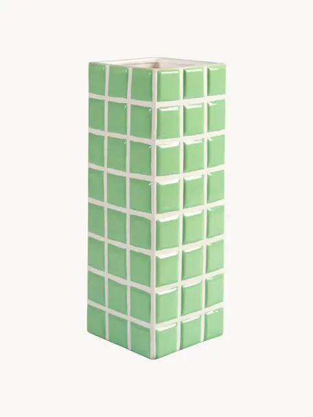 Vaso di design effetto piastrellato Tile, alt. 28 cm, Pietra dolomitica, Verde chiaro, bianco, Larg. 11 x Alt. 28 cm