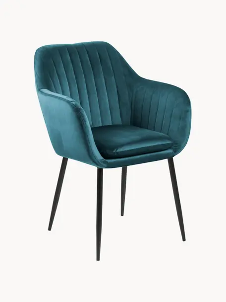 Zamatová stolička s opierkami a kovovými nohami Emilia, Zamatová modrozelená, čierna, Š 57 x H 59 cm