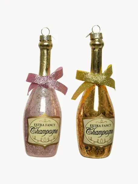 Adornos navideños Champagner, 2 uds., Vidrio, Champán, dorado, Ø 5 x Al 14 cm
