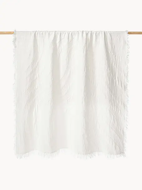 Coperta in cotone strutturato con frange Wavery, 100% cotone, Bianco, Larg. 130 x Lung. 170 cm