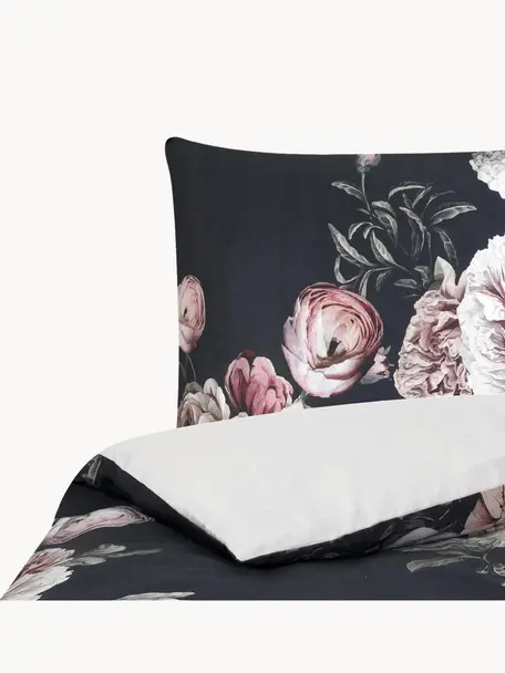 Funda nórdica de satén Blossom, Negro, multicolor, Cama 90 cm (150 x 220 cm)