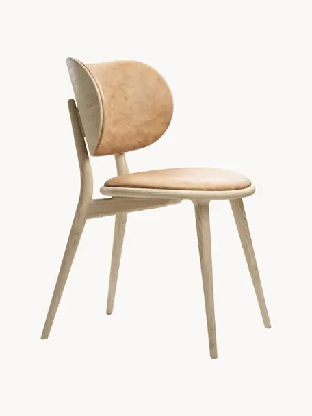 Leder-Stuhl Rock mit Holzbeinen, handgefertigt, Gestell: Eichenholz Dieses Produkt, Beige, Eichenholz, hell, B 52 x T 44 cm