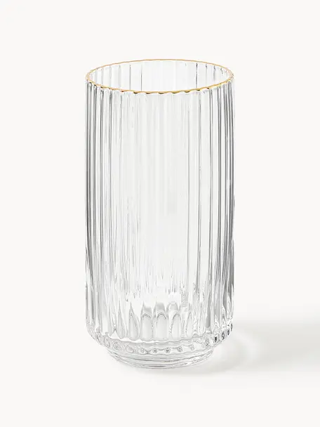 Vasos highball soplados artesanalmente Aleo, 4 uds., Vidrio, Transparente con borde dorado, Ø 7 x Al 14 cm, 430 ml