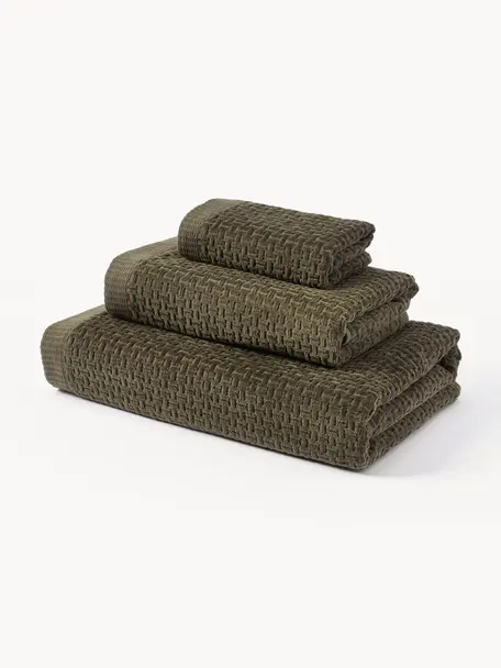 Komplet ręczników Niam, 3 elem., Oliwkowy zielony, Komplet z różnymi rozmiarami