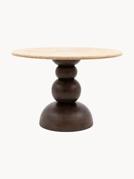 Tavolo da pranzo rotondo con piano in travertino Sculpt, Ø 110 cm, Legno di mango, travertino beige, Ø 110 cm