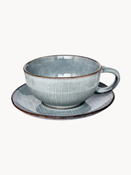 Tasse avec sous-tasse artisanale Nordic Sea, Grès cérame, Gris-bleu, chiné, Ø 11 x haut. 5 cm, 250 ml