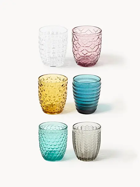 Verres à eau avec embossage décoratif Geometrie, 6 élém., Verre, Multicolore, transparent, Ø 8 x haut. 10 cm, 240 ml