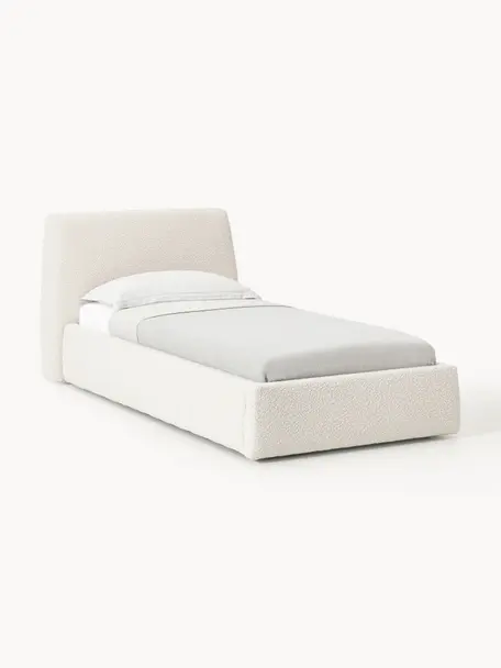 Cama individual en tejido bouclé Cloud, Tapizado: tejido bouclé (80% poliés, Cuerpo: madera de pino y abeto ma, Patas: madera de abedul pintada , Bouclé blanco Off White, Cama 90 (An 155 x L 220)