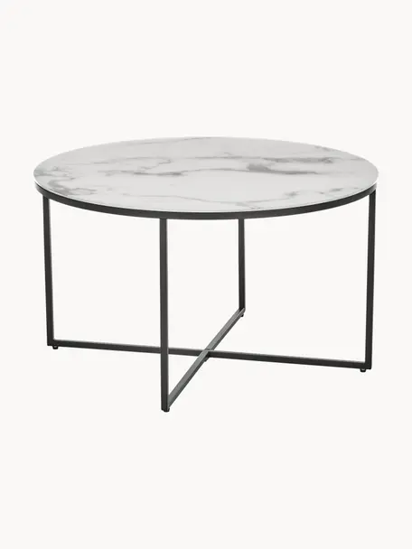 Runder Couchtisch Antigua mit Glasplatte in Marmor-Optik, Tischplatte: Glas, matt bedruckt, Gestell: Stahl, pulverbeschichtet, Marmor-Optik Weiß, Schwarz, Ø 80 cm