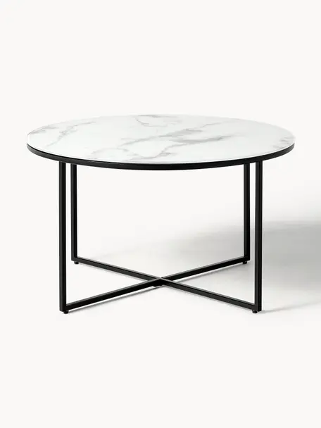 Tavolino rotondo da salotto con piano in vetro effetto marmo Antigua, Struttura: acciaio verniciato a polv, Bianco effetto marmo. nero, Ø 80 cm