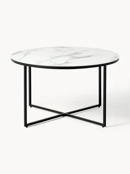 Mesa de centro redonda con tablero de vidrio en look mármol Antigua, Tablero: vidrio estampado en efect, Estructura: acero con pintura en polv, Aspecto mármol blanco, negro, Ø 80 cm