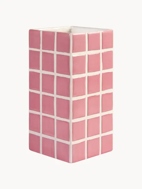 Vaso di design effetto piastrellato Tile, alt. 21 cm, Pietra dolomitica, Rosa antico, bianco latte, Larg. 11 x Alt. 21 cm