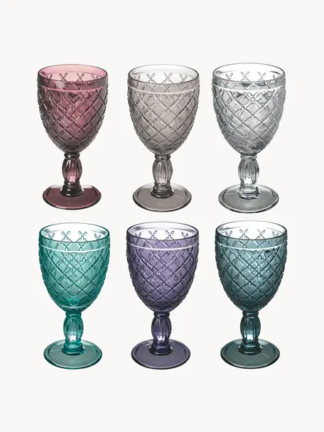 Copa de vino Rombi, 6 uds., Vidrio, Tonos turquesas y lilas transparente, Ø 9 x Al 17 cm, 280 ml