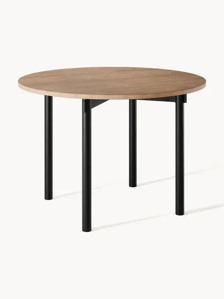 Ronde eettafel Mavi, Ø 110 cm, Tafelblad: MDF met eikenhoutfineer, , Poten: gecoat metaal, Eikenhout, zwart, Ø 110 cm