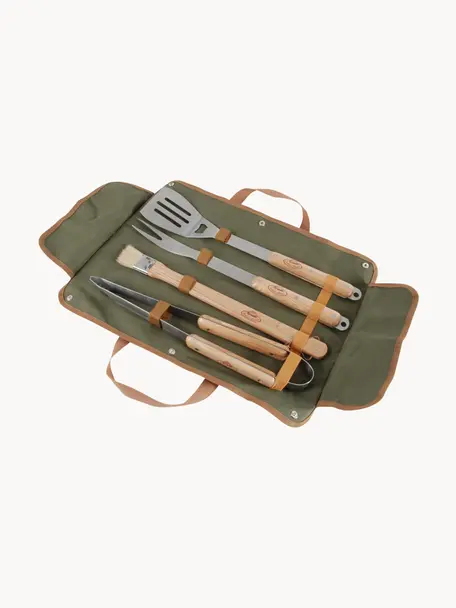 Grillbesteck-Set Oli, 5-er Set, Tasche: Kunststoff, Silberfarben, Eschenholz, Grün, Set mit verschiedenen Größen