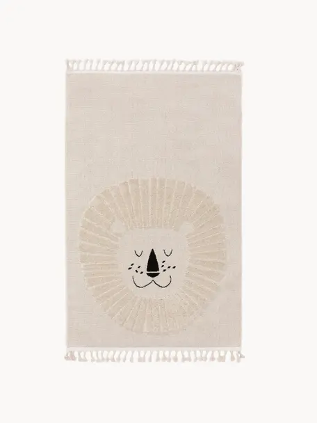 Tappeto per bambini con nappe e motivo in rilievo Momo, 100% poliestere, Tonalità beige chiaro, Larg. 90 x Lung. 130 cm