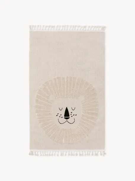 Tapis pour enfant avec pompons Momo, 100 % polyester, Tons beige clair, larg. 90 x long. 130 cm (taille XS)