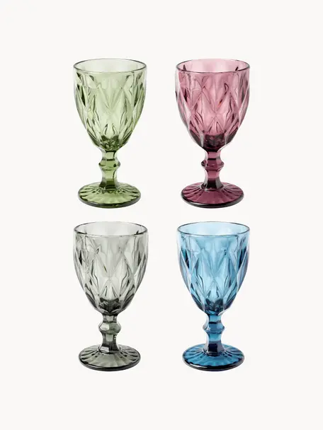 Súprava pohárov na víno so štruktúrovaným vzorom Colorado, 4 diely, Sklo, Modrá, tmavoružová, sivá, zelená, Ø 9 x V 17 cm, 320 ml