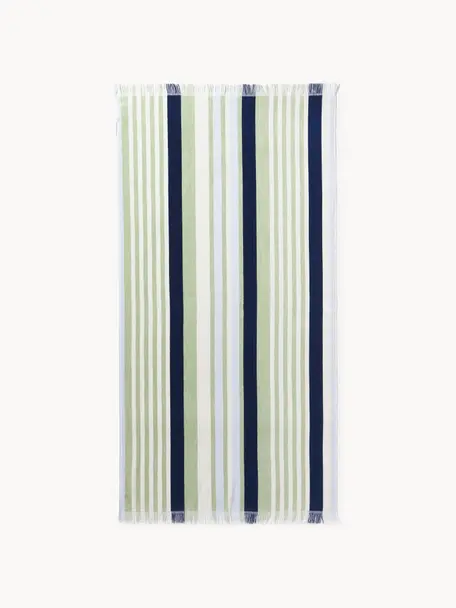 Fouta rayé avec franges Miri, Vert clair, bleu foncé, jaune pâle, larg. 90 x long. 170 cm