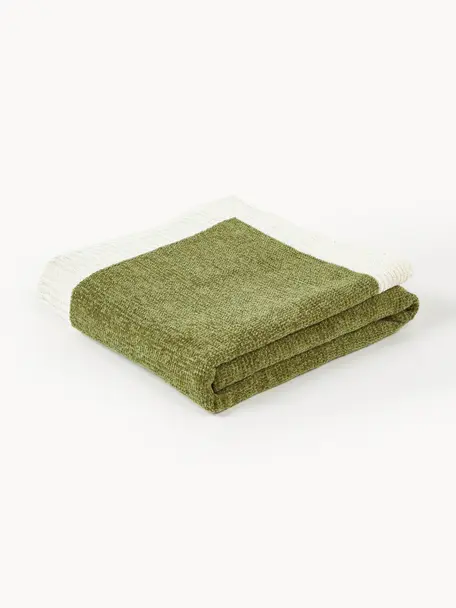 Plaid chenille Demi, 100 % polyacrylique, Vert olive, blanc crème, larg. 130 x long. 170 cm